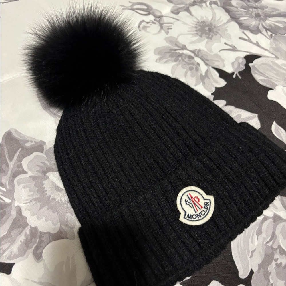 Moncler Black Knit Beanie with Logo